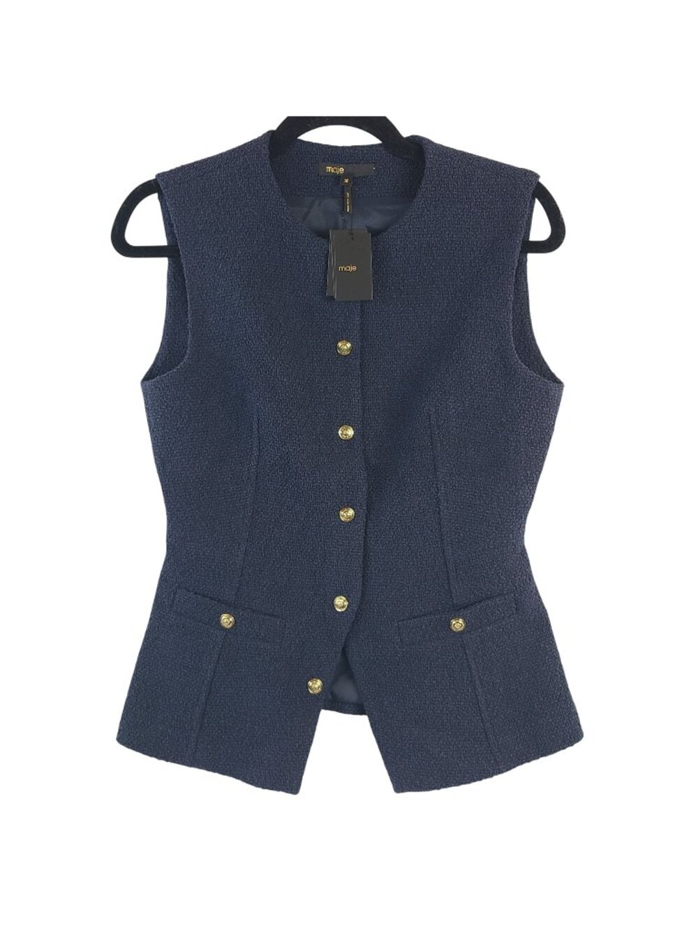NEW Maje Navy Sleeveless Button-Front Tweed Vest With Gold-Tone Buttons Size 36